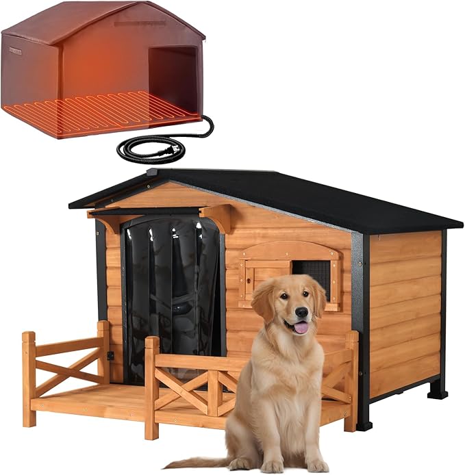 Heated Dog House for Outdoor Use with Matel Frame, Waterproof Design & Heating Blanket - All-Weather Wooden Kennel with Sliding Window & Metal Frame (Wood-H, L)