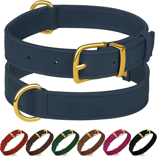 Leather Dog Collar - Heavy Duty Adjustable Soft Padded Pet Collars for Small Medium Large Dogs Breed - Black Green Brown Pink Red Blue (Smoky Blue, L, 15"-19" Neck Fit)