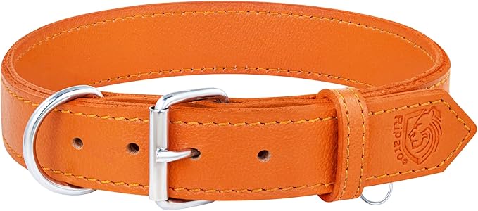 Riparo Dog Collar - Genuine Leather Dog Collars - Heavy Duty Dog Collars for Medium Large and Extra Large Dog Breeds (XL: 1.5” Wide for 22” - 26” Neck, Orange)