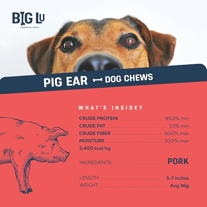 Big Lu – Pig Ear Dog Chews, 30 Count, All-Natural Single-Ingredient Pork Treats, Easily Digestible, Supports Joint Health with Glucosamine and Chondroitin