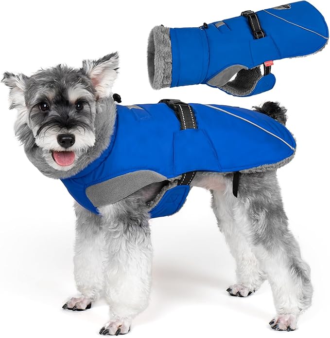 KYEESE Waterproof Dog Coat, Windproof Winter Jacket with Thick Fleece Lining, Extra Warm Turtleneck Dog Coats for Medium Dogs with Leash Hole and Reflective Design, Blue, X-Large