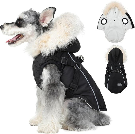 PINA Dog Winter Coat Winter Jacket with Waterproof Fabric, Faux Fur Hood, Reflective Strap for Small Medium Large Dogs, Black, 3XL