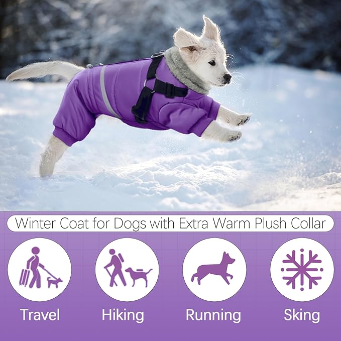 BRKURLEG Purple Dog Coat with Harness, Dog Winter Jacket, Dogs Onesie Body Warm Jackets, Small Dogs Winter Coats Reflective Windproof Warm Cold Weather Coats, Pet Waterproof Jackets, M
