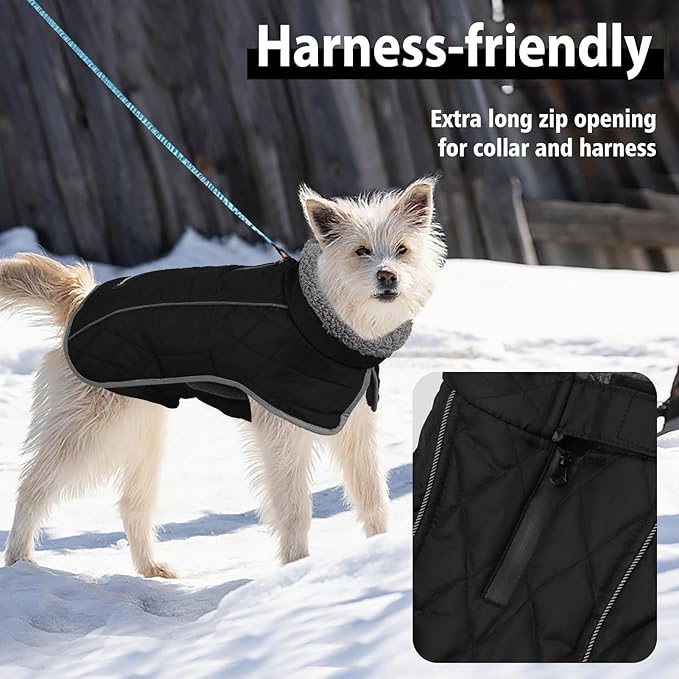 Fragralley Dog Coat Medium, Waterproof Dog Jacket with Warm Fleece Lining, Adjustable Reflective Dogs Winter Coat, Turtleneck Pet Coats for Cold Weather (Black M)