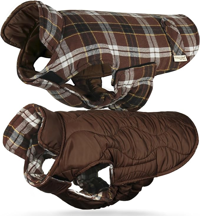 VIVAGLORY Softjoy Dog Coat, Dog Jacket for Winter & Christmas, Coat with Harness Hole & Velcro Closure, Reversible Plaid Checkered Warm Fluffy Heavy Duty for Puppy, XXS, Coffee