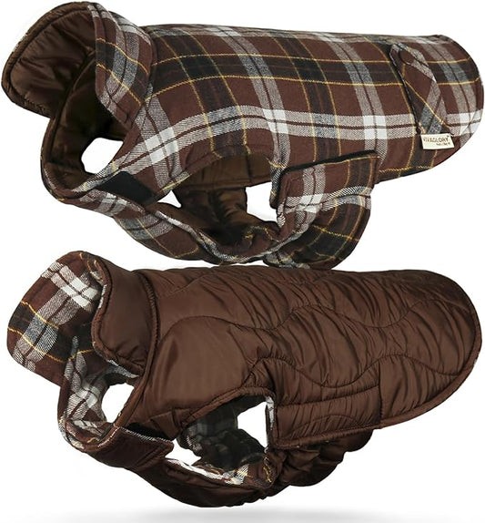 VIVAGLORY Softjoy Dog Coat, Dog Jacket for Winter & Christmas, Coat with Harness Hole & Velcro Closure, Reversible Plaid Checkered Warm Fluffy Heavy Duty for Puppy, M, Coffee