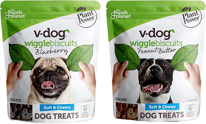 V-dog Soft and Chewy Vegan Wiggle Dog Biscuits - Bundle (Natural Peanut Butter & Blueberry Flavor Superfoods) | All Natural - Made in The USA