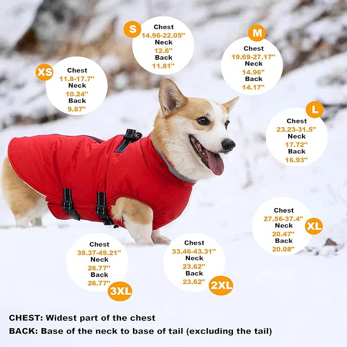 Large Dog Coat with Harness Built-in, Waterproof Reflective Fleece Lined - Warm Windproof Winter Jacket with Back Zipper, Cold Weather Snow Dog Coats - Red - 2XL