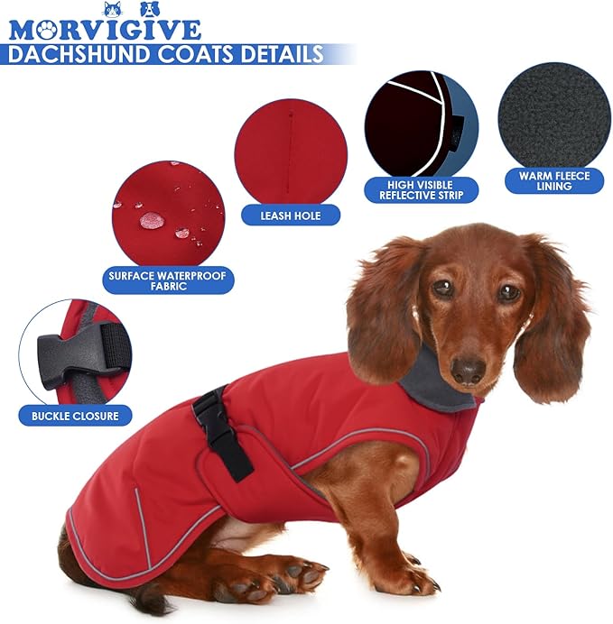 Dachshund Coat Warm Winter Dog Coat - Red, XLarge - Waterproof Dachshund Coat with Fleece Lining, Adjustable Buckle Closure Dachshund Clothes, Christmas Dachshund Snowsuit Harness Hole