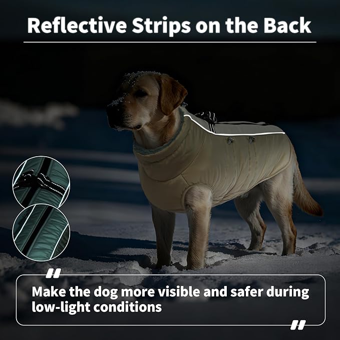 IDOMIK Warm Dog Coat with Harness, Waterproof Reflective Dog Jackets for Small Medium Large Dogs, Fleece High Collar Winter Jacket with Zipper, Pet Winter Snowsuit Clothes for Cold Weather,Khaki 2XL