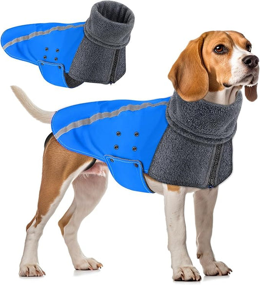 SlowTon Winter Dog Coat, Warm Polar Fleece Lining Doggie Outdoor Jacket with Turtleneck Scarf Reflective Stripe Adjustable Waterproof Windproof Puppy Vest Soft Pet Outfits (M+,Blue)