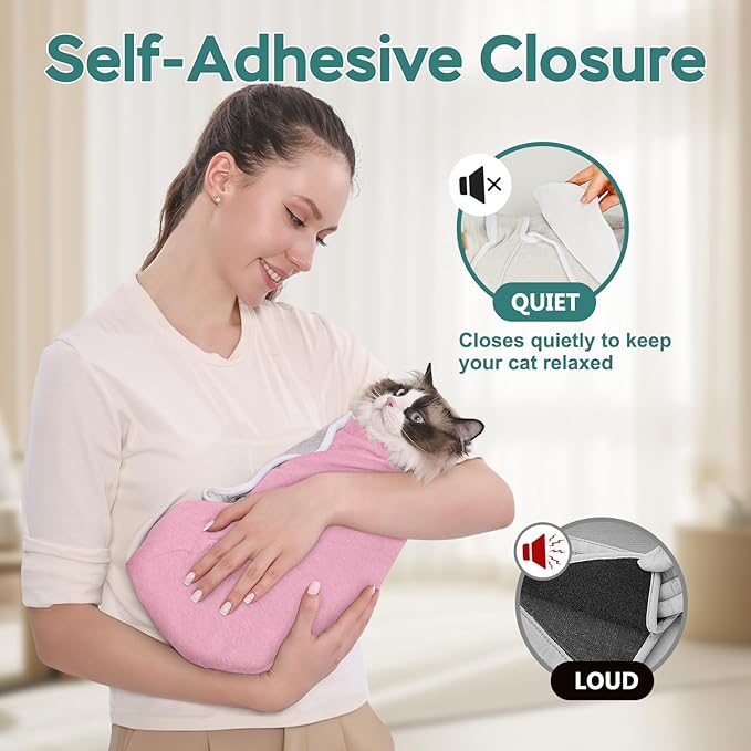 Self-Adhesive Cat Grooming Wrap, Cozy Cat Wrap for Cutting Nails, Breathable Anti-Scratch Cat Swaddle Bag for Brushing, Ear Cleaning, Dental Care, Medication, Injections,Pink L