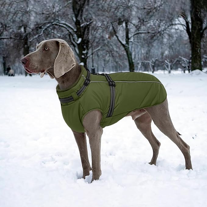 Lelepet Dog Coat for Large Dogs Waterproof Dog Jacket with Harness Built in Reflective Fleece Jacket with Zip Warm Winter Coats for Dogs Thermal Pet Snowsuit for Outdoor, Border Collie, Army Green, XL