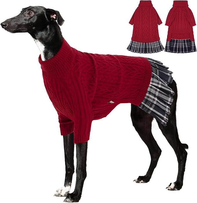 IECOii Girl Dog Sweater Dress - Cable Knit Dog Sweater for Medium Dogs Girl, Red,Large - Turtleneck Winter Sweaters with Leash Hole, Soft & Stretchy Adorable Dress for Thanksgiving Christmas Photo