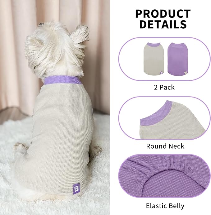 KYEESE 2Pack Dog Shirts Waffle for Small Dogs, Stretchy T-Shirts, Lightweight Tank Top, Sleeveless Vest, Breathable Cat Shirt, Medium, Purple + Grey