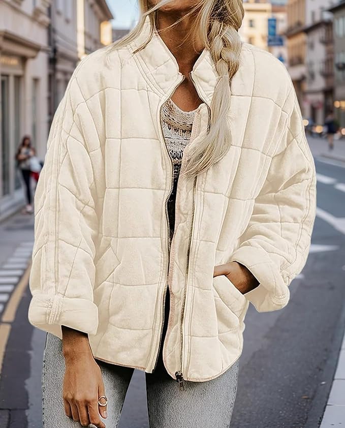 LIZALIG Warm Padded Coat for Women Full Zip Quilted Jackets Winter Oversized Causal Solid Color Stand Collar Pockets Coat