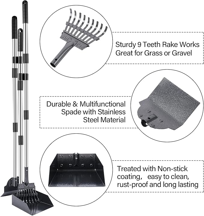 TNELTUEB Dog Pooper Scooper Set, 3 Pack Adjustable 49.1 Inches Long Handle Metal Tray, Rake and Spade Poop Scoop for Waste Removal, No Bending Clean Up for Large and Small Dog