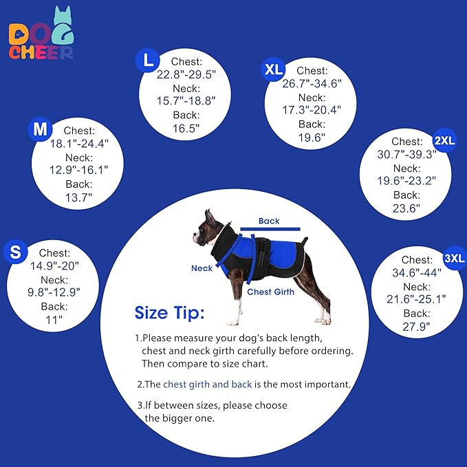 Dogcheer Waterproof Dog Coat, Christmas Dog Winter Jacket, Adjustable Puppy Fleece Coat for Cold Weather, Reflective Turtleneck Snow Jacket for Small Medium Large Dogs - Blue, L