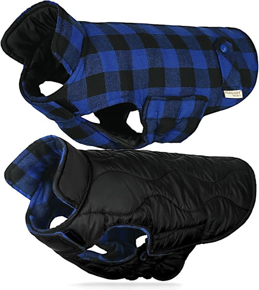 VIVAGLORY Softjoy Dog Coat, Dog Jacket for Winter & Christmas, Coat with Harness Hole & Velcro Closure, Reversible Plaid Checkered Warm Fluffy Heavy Duty for Puppy, L, Sapphire Blue Plaid