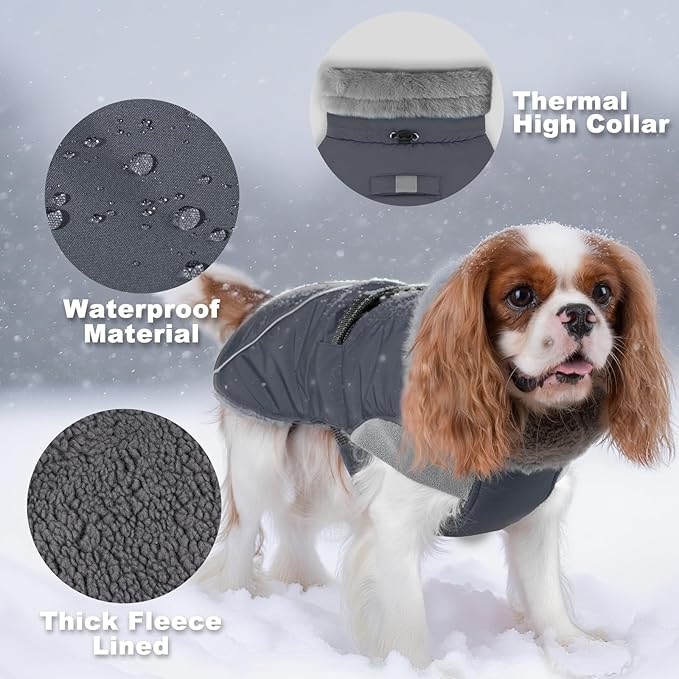 KYEESE Waterproof Dog Coat, Warm Windproof Jacket, Turtleneck Winter Dog Coats for Small Dogs with Leash Hole, Reflective Pet Clothes & Outdoor Apparel, Thick Fleece-Lined Winter Jacket, Gray, Large