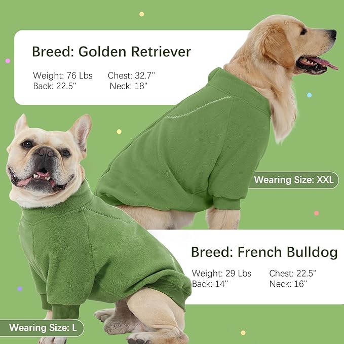 BRKURLEG Dog Sweater Dogs Warm Soft Fleece Sweaters, Turtleneck Sweatshirt for Small Medium Large Dogs, Dog Winter Coat, French Bulldog Pullover Jacket with Sleeve, Cold Weather Coat (Green, M)