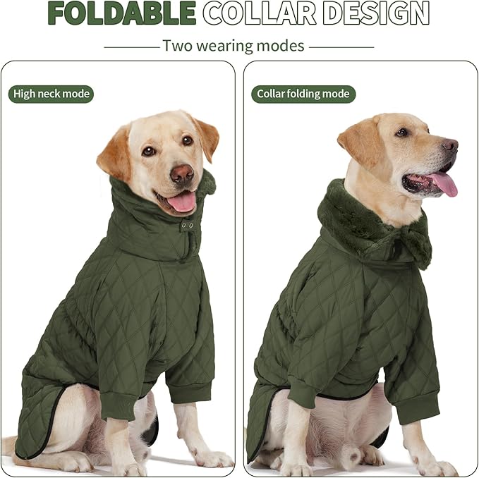 IDOMIK Dog Winter Coat for Large Dogs, Warm Dog Winter Jacket with Fleece High Collar, Zippered Cold Weather Coats for Dogs, Waterproof Doggy Snow Jacket Clothes,Green,3XL