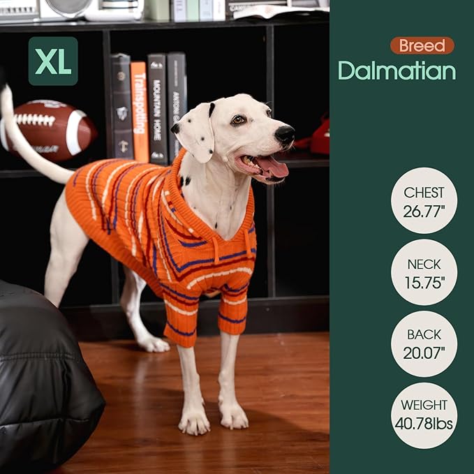 Kuoser XL Dog Sweater, Dog Sweaters for Large Dogs, Girl Boy Christmas Sweater, Striped Knitwear Big Dogs Winter Clothes, Cold Weather Warm Pet Sweatshirt for Golden Retriever, Labrador, Orange XL