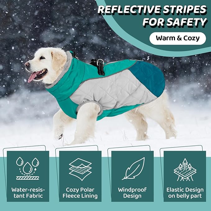 AOFITEE Dog Coat, Winter Jacket With Harness Built-in and Fleece Lined, Reflective Waterproof Pet Puffer for Small Medium Large Dogs, Green XL