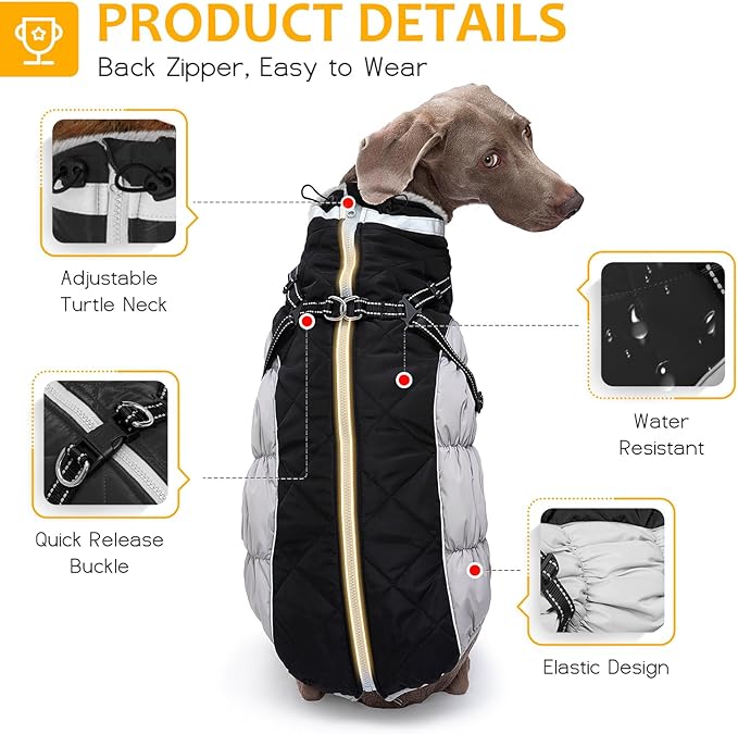 Dog Winter Coat with Harness, Dog Jacket, Pet Clothes with Zipper on Back, Waterproof Windproof Warm Vest, Reflective Cold Weather Coats, for Small Medium Large Dogs, Thick, Black, L