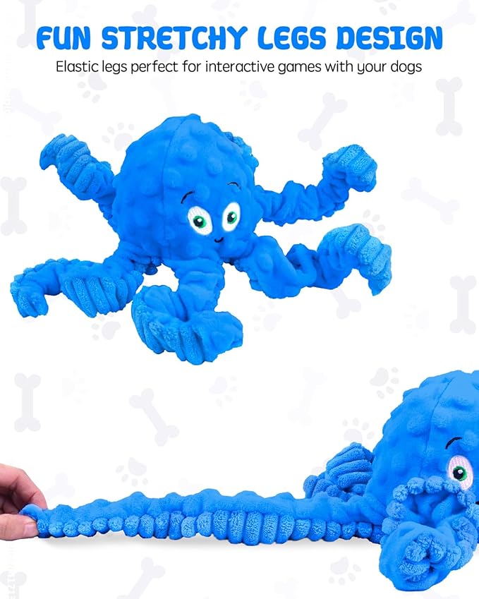 Squeaky Dog Toys, Interactive Plush Stuffed Octopus Tug of War Toy, Plush Crinkle Dog Chew Toys to Keep Them Busy, Funny Dog Toys for Small, Medium & Large Dogs - Blue