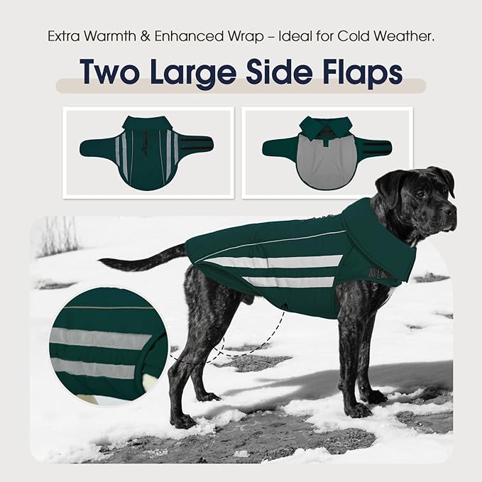 IECOii Dog Winter Jacket - Reflective & Waterproof & Windproof Coats with Adjustable, Warm Fleece Lining, Running, Camping, Green, Sizes XXXL