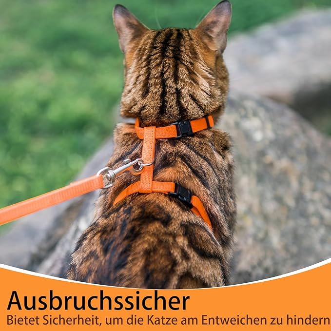 PUPTECK Adjustable Cat Harness and Leash Set Escape Proof Kitten Strap Collar for Walking Travel, Orange, M