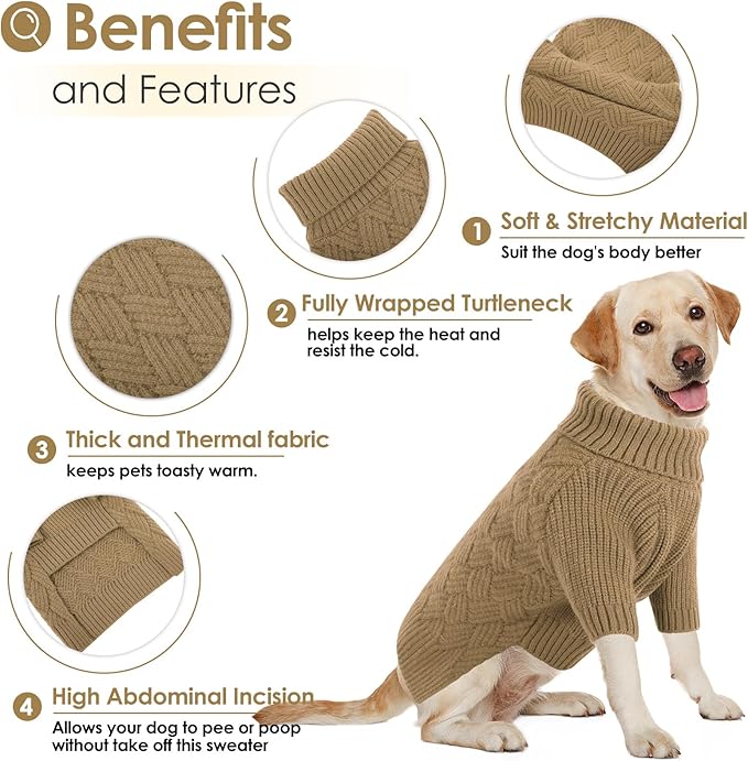 AOFITEE XL Dog Sweater, Dog Sweater Large Size Dogs, Large Dogs Sweaters for Female Male, Turtleneck Thick Warm Knitted Winter Fall Pet Sweatshirt, Solid Pet Halloween Costume (Brown, XLarge)