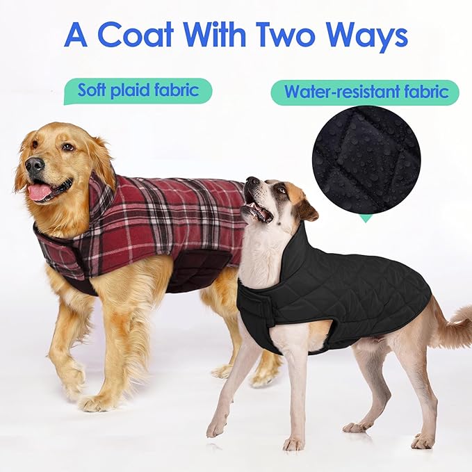MIGOHI Dog Jackets for Winter, Windproof Waterproof Reversible Dog Coat for Cold Weather, British Style Plaid Warm Dogs Vest for Small Medium Large Dogs, Red, XL