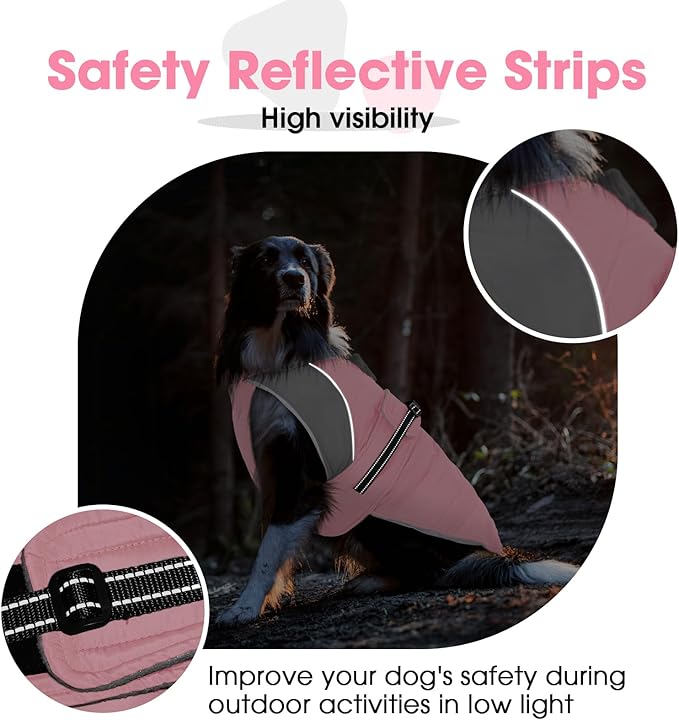 Nanaki Warm Fleece Lined Furry Collar Winter Coats Jackets Vests for Dogs, Waterproof Reflective Dog Snowsuit with Leash Hole Outdoor Walking Hunting, Easy On Pullover Medium Dog Puppy Coat Pink XL