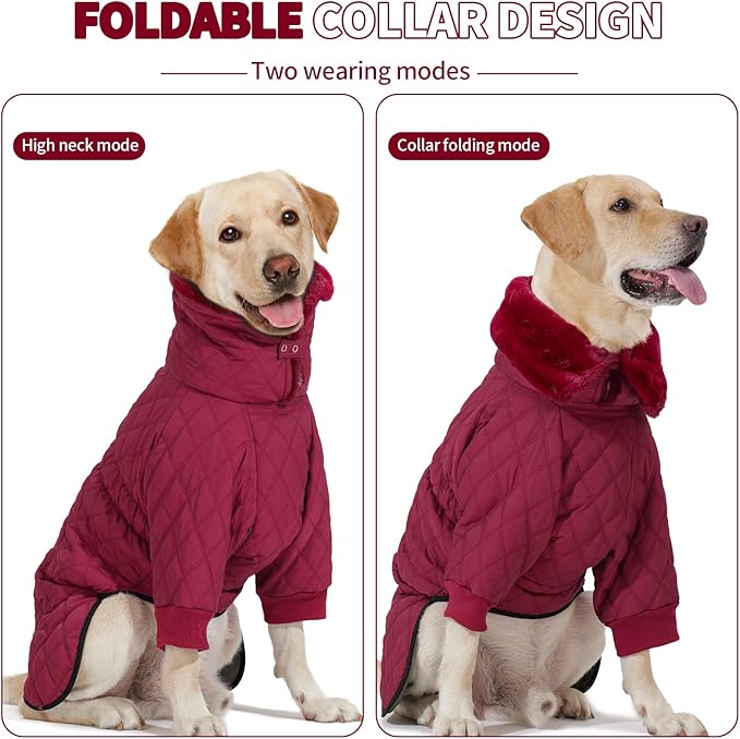 IDOMIK Dog Winter Coat for Large Dogs, Warm Dog Winter Jacket with Fleece High Collar, Zippered Cold Weather Coats for Dogs, Waterproof Doggy Snow Jacket Clothes,WineRed,XL