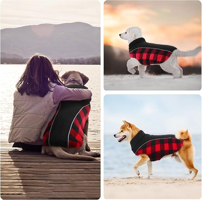 Kuoser Dog Winter Coat,Reversible Waterproof Dog Jacket with Leash Hole,Warm Dogs Fleece Vest Adjustable Doggy Cold Weather Clothes Plaid Christmas Outfit Pet Apparel for Extra Large Dogs,RedBlack 3XL