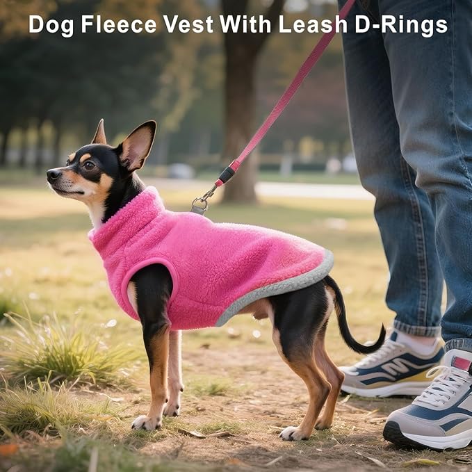 Idepet 2 Pack Dog Fleece Vest Sweater Warm Pullover Jacket with D-Ring Leash Reflective Winter Coat Hoodie for French Bulldog Pug Chihuahuas Yorkies Dachshunds(Red&Rose Red,XX-Large-French Bulldog)