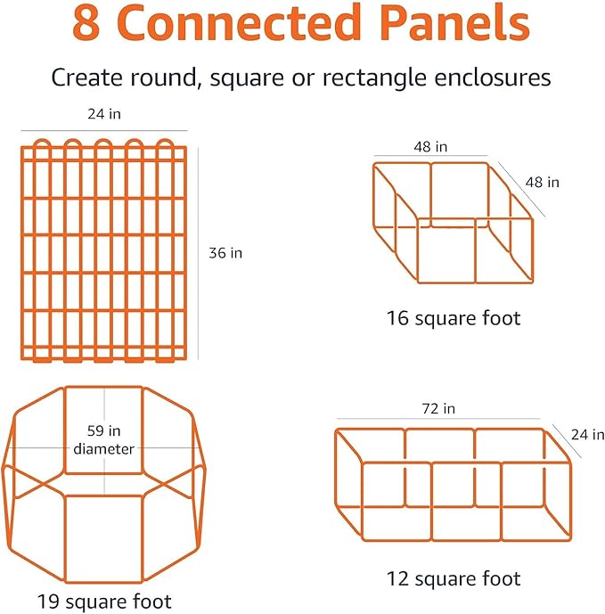 Amazon Basics Foldable Octagonal Metal Exercise Dog Playpen - Indoor/Outdoor, No Door, Medium (8 Panels, 24 x 36), Easy to assemble, store, and customize, 36" - Medium, Black