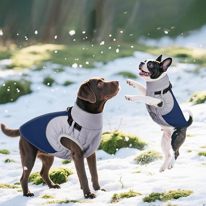 DENTRUN Dog Coat with Harness Built in, Easy On/Off Zipper Closure Winter Dog Vest, Water-Repellent Fleece Lined Warm Jacket with Reflective for Large Dogs, Dark Blue, XL