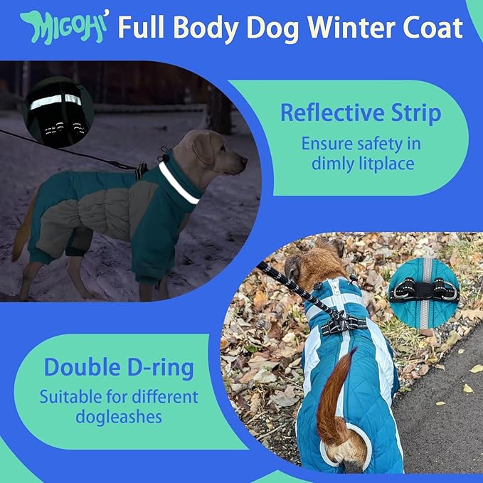 MIGOHI Full Body Dog Coat - Warm Reflective Large Dog Winter Coat with Harness,Turtleneck Fleece Jacket for Dogs,Four-Leg Windproof Puffer Jackets Snowsuit with Zipper for Small Medium Large Dogs,XL