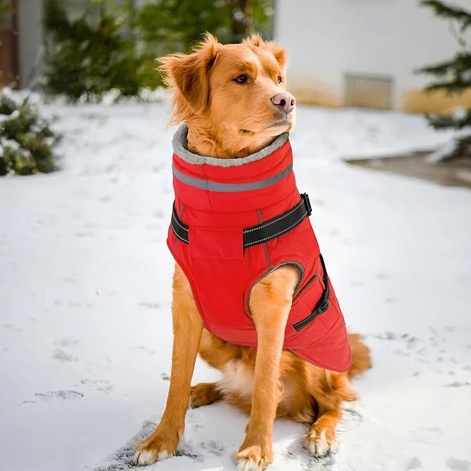 PETDSH Dog Coat Large, Built-in Harness Dog Jacket with Warm Fleece Lining, Waterproof Reflective Dogs Winter Coat, Pet Coats with Pocket and Trash Bags (Red, XXX-Large)