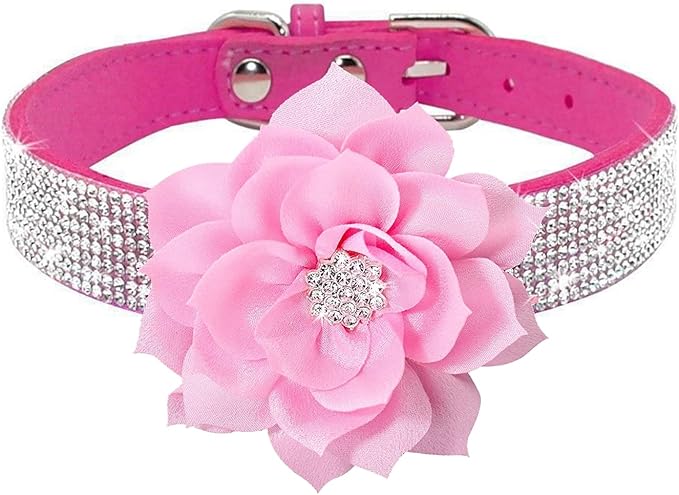 Serijoars Small Dog Collar with Rhinestone Crystal Diamond Colorful Bling Girl Puppy Cat Collars (S, Hot Pink6)