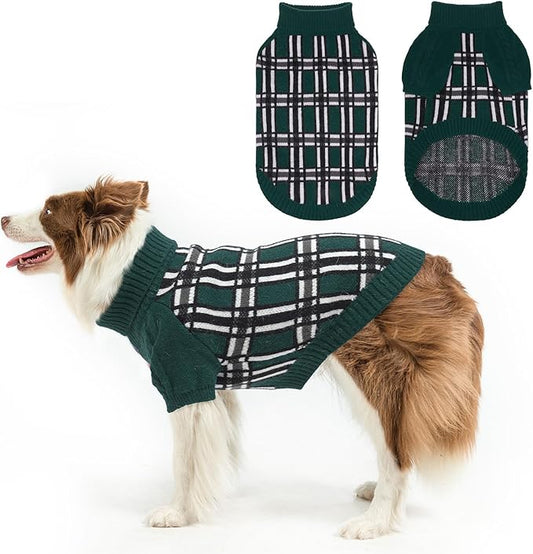 SCENEREAL Turtleneck Dog Sweater for Small Medium Large Dogs Girls Boys, Christmas Plaid Pullover Puppy Sweatershirt, Dogs Cold Weather Outfit Clothes, Ideal Gift for Pet in New Year, Green Plaid L