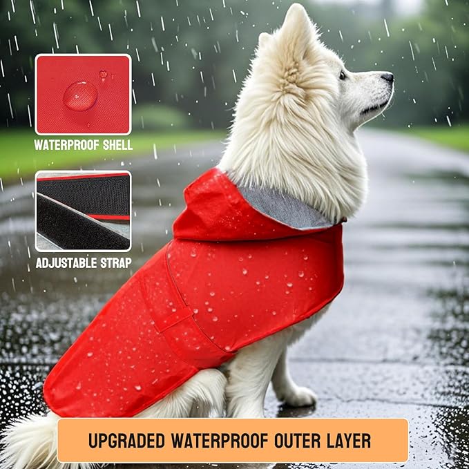 Dog Raincoat Dog Rain Jacket Poncho Waterproof Pet Rain Suit Double Layer Breathable Lining Hooded Leash Hole Adjustable Puppy Small Medium Dogs,Red,XL