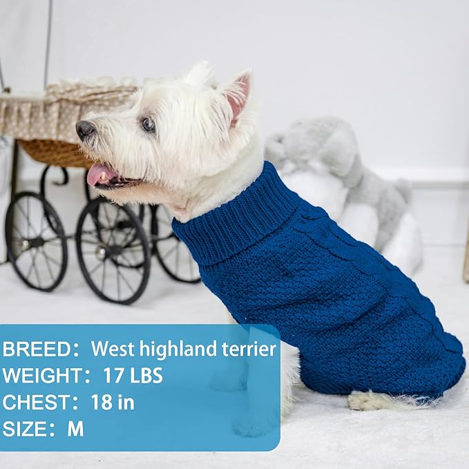 Mihachi Turtleneck Dog Sweater - Winter Coat Apparel Classic Cable Knit Clothes with Leash Hole for Cold Weather, Ideal Gift for Pet in New Year Royal Blue Small