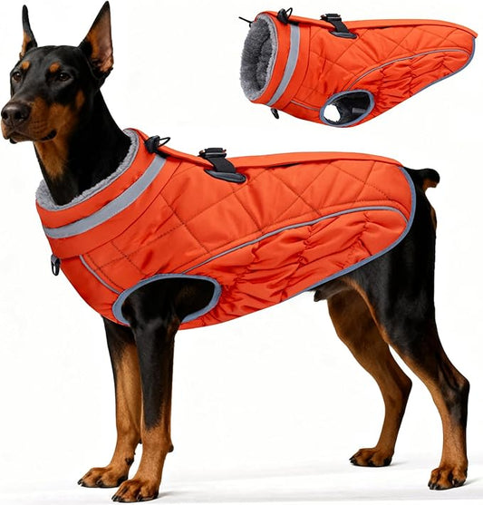 Dog Coat, Warm Dog Winter Coat for Large Dogs, Waterproof Jacket with Harness Built in, Reflective Turtleneck Cold Weather Coats with Zipper,Pet Fleece Vest Snow Jacket, Orange XXL