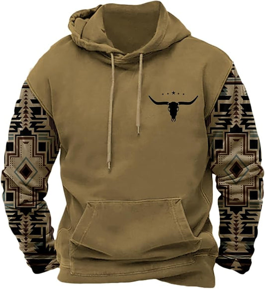 HOTYD Mens Western Aztec Sweatshirts Long Sleeve Fall Fashion Drawstring Pullover Vintage Graphic Cowboy Hoodie for Men