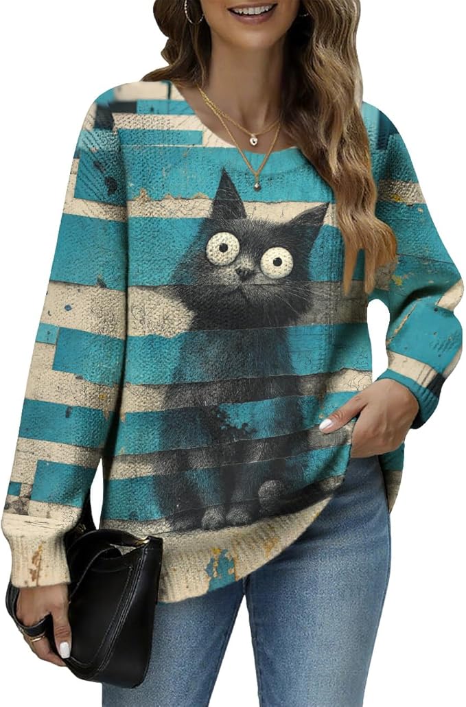 Women's Cat Printed Sweater Oversized Cable Knit Long Sleeve Christmas Clothes Casual Autumn Winter Fashion Tops