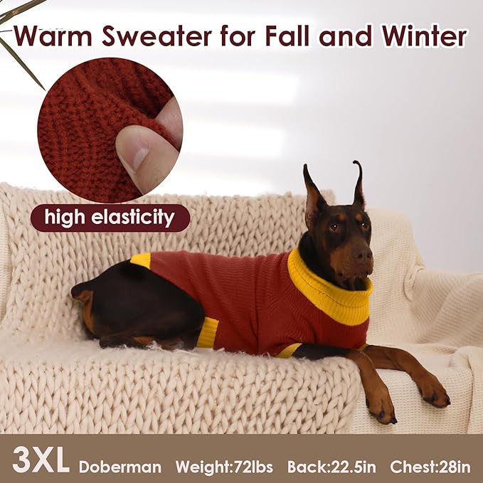 Dog Sweaters for Large Dogs XXXL, Warm Dog Sweater with Harness Hole, Christmas Pullover Sweaters for Dogs Boy Girl, Winter Turtleneck Pet Jumper for Doberman, Great Dane, Burgundy 4XL